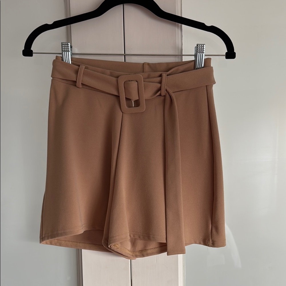 Missguided Tan High Waist Belted Shorts